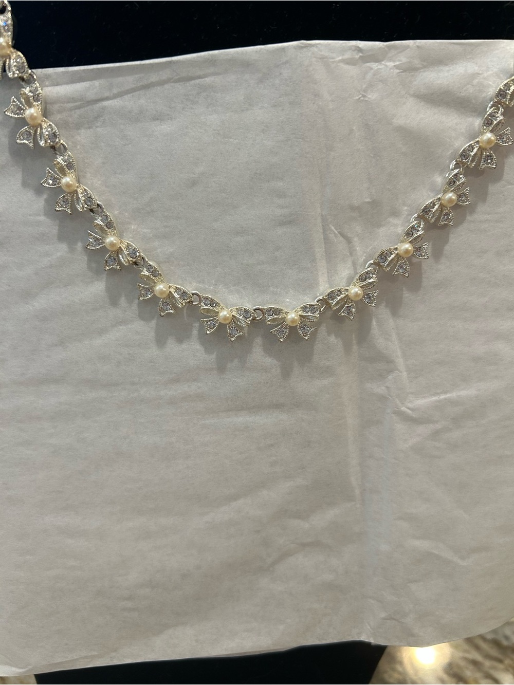 Avon Silver-Tone Bow Necklace with Cream Pearls and Clear Crystals